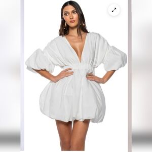 MISSPAP WHITE DEEP V NECK 1/2 PUFF SLEEVE BUBBLE DRESS SIZE 10